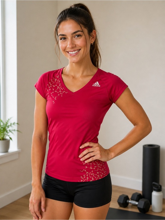 adidas Tops - adidas Women's Short-Sleeve V-Neck Tee in Raspberry Red with Subtle Print